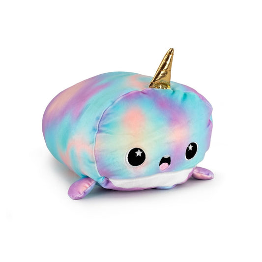 Tootsie the Narwhal is an ultra-soft plush toy with a gold horn, pastel tie-dye colors, starry eyes, a smiling mouth, and flipper fins—perfect for cuddling and machine washable for easy care.