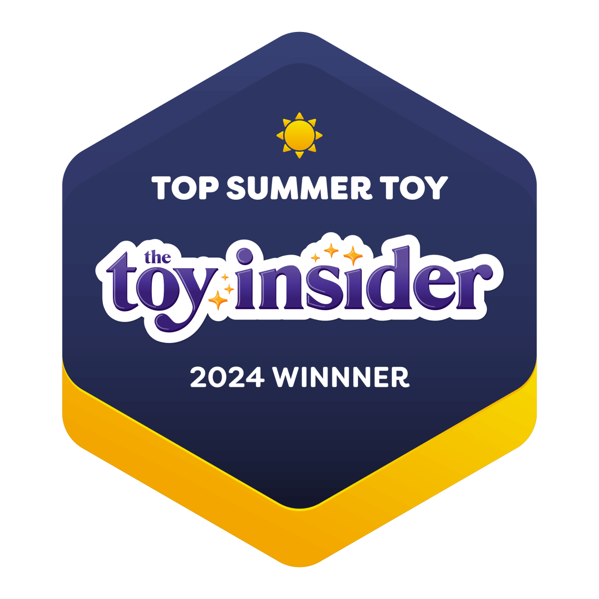 Hexagonal badge with a sun icon at the top displays the text "Top Summer Toy" and "the toy insider" logo. Below, it highlights "2024 Winner" on dark blue and yellow, celebrating Bubblegum the Narwhal 2-In-1 Travel Pillow as an award-winning favorite.