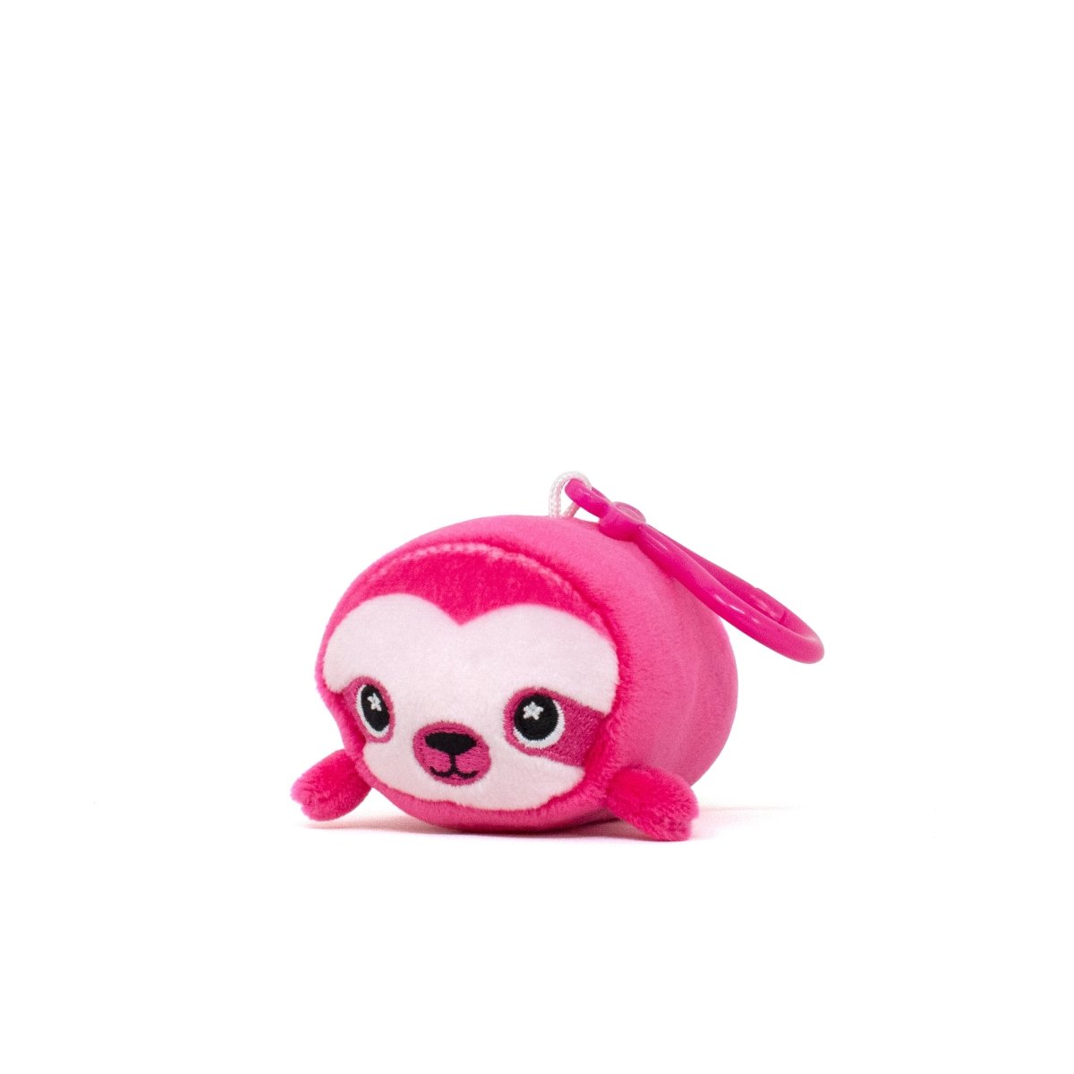 The Mystery Mini Clipz is a small, round plush toy designed as an adorable pink sloth with a white face and black eyes. It features tiny limbs and a handy clip, perfect for hanging or carrying. The plain white background makes it a standout collectible in the Moosh-Moosh Series 5.