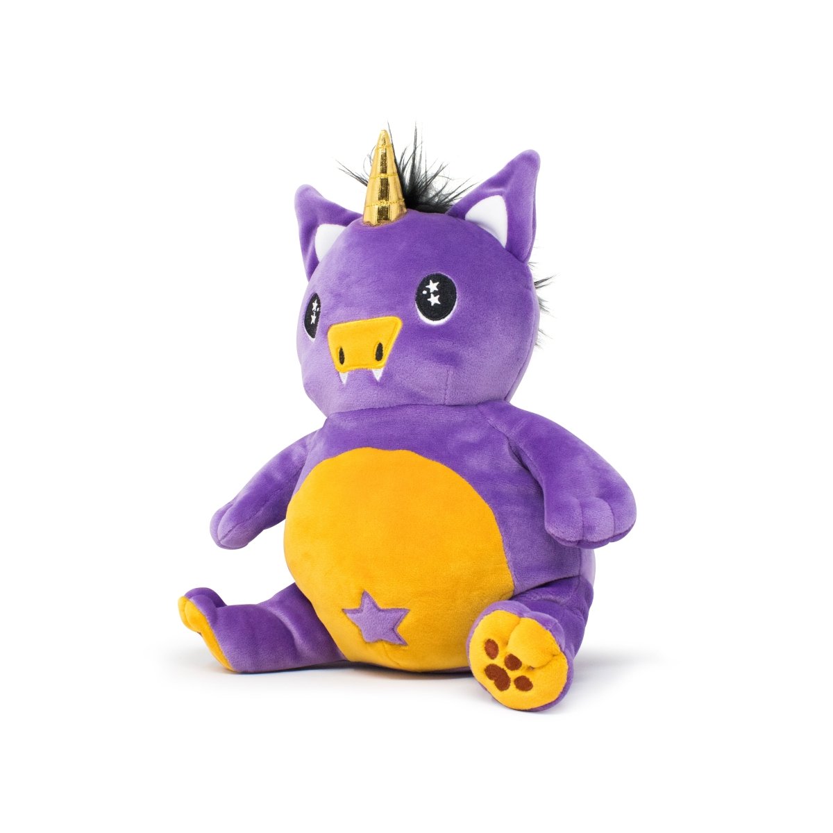 Meet Amethyst the Unicorn Plushie Starlight Buddy—a Spooky Series Halloween plush with a purple and yellow body, golden horn, black mane, star-shaped eyes, and a yellow belly star. Sits upright; perfect for festive cuddles!.