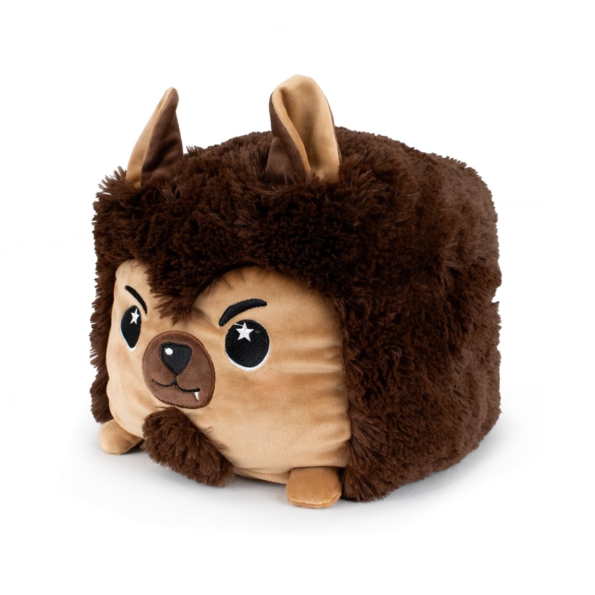Van the Werewolf is a cube-shaped plush toy featuring a cute brown furry design, pointy ears, embroidered face, small fangs, and starry eyes—crafted from ultra-soft materials for the coziest cuddly companion.