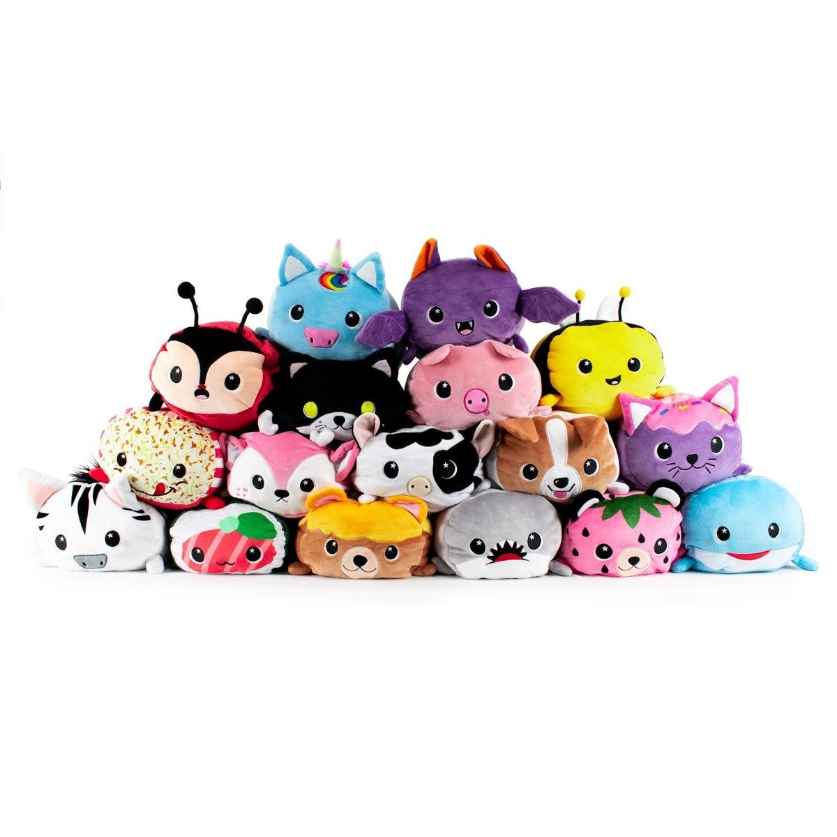 A group of cute, colorful plushies stacked in a pyramid, including Strawbeary the Bear and other smiling animals and fantasy creatures like a ladybug, unicorn, and bat, all featuring vibrant colors.