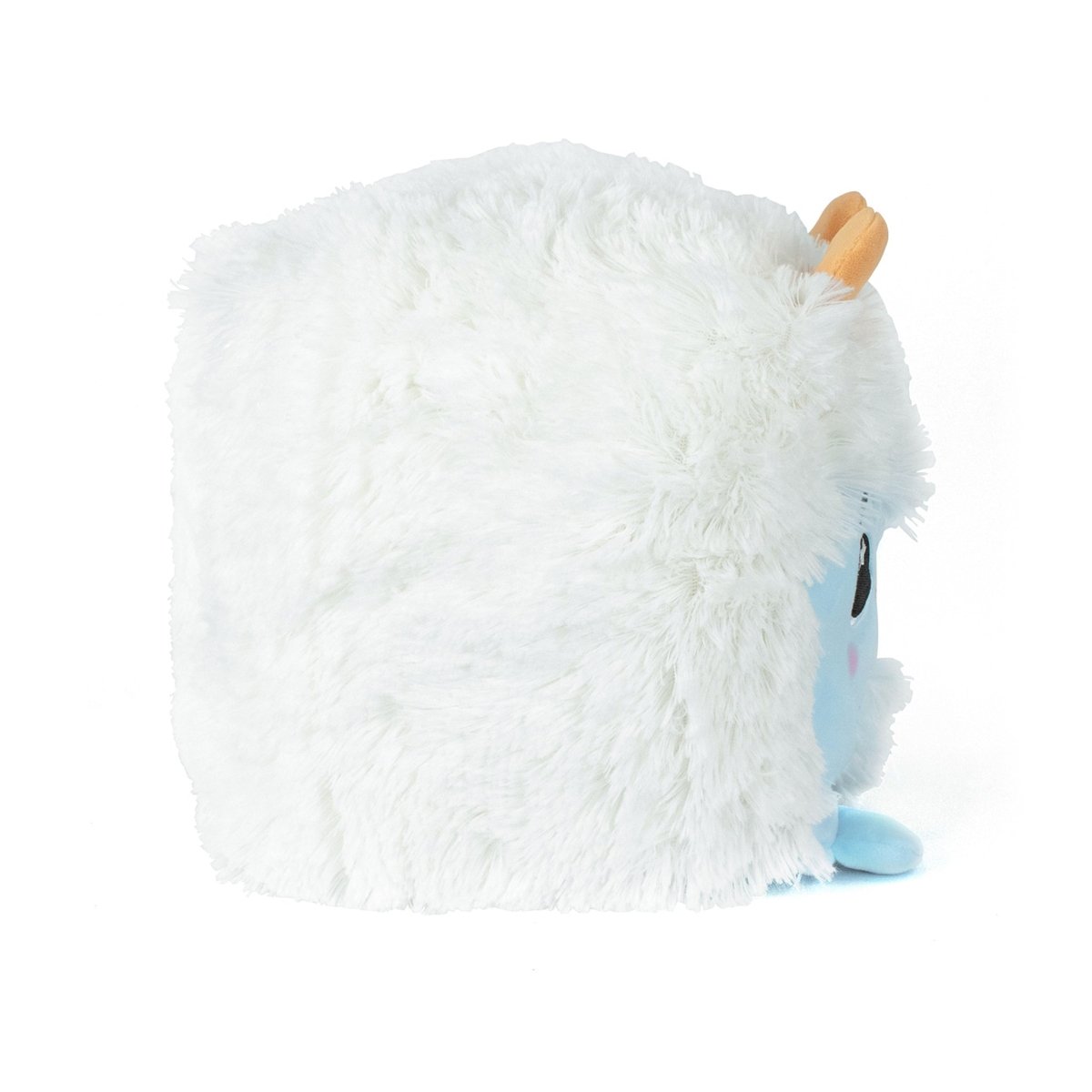Yara the Yeti is a fluffy white plush toy with small brown horns and blue feet, shown from the side on a plain white background—ideal for plushie fans who love ultra-soft sensory comfort.