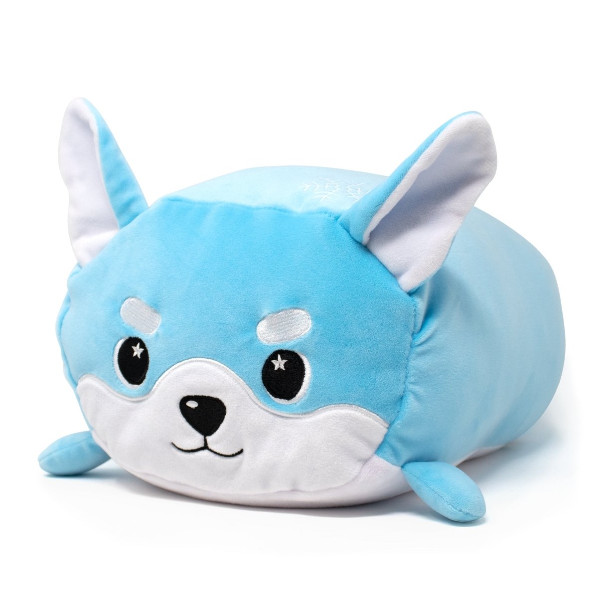 Yuki the Snow Fox Plushie is a soft, light blue plush pillow resembling a cartoon dog with white accents on its face and ears, featuring large ears and expressive eyes for a cute and playful appearance.