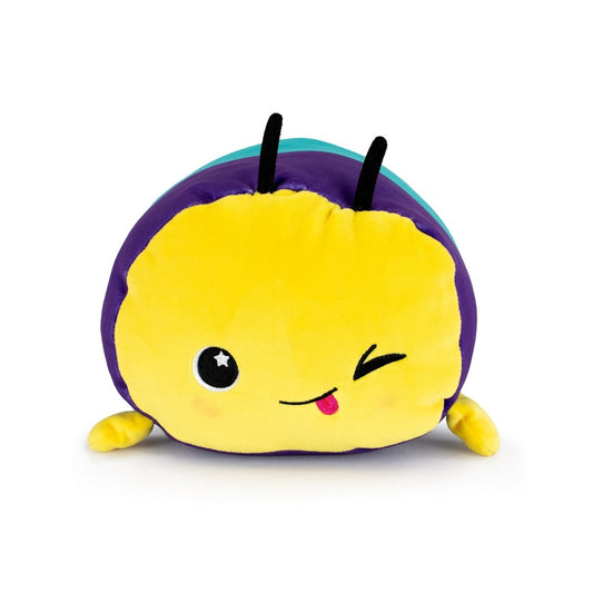 Zoid the Caterpillar is a round, yellow plush toy with a purple border, winking face, small tongue out, black antennae, and tiny arms for an adorable, whimsical look.