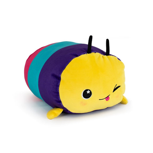 Zoid the Caterpillar is a plush toy with a cute, round shape, yellow face, black antennae, and purple, teal, and red stripes. It features a winking expression, blushing cheeks, and a pink tongue sticking out.