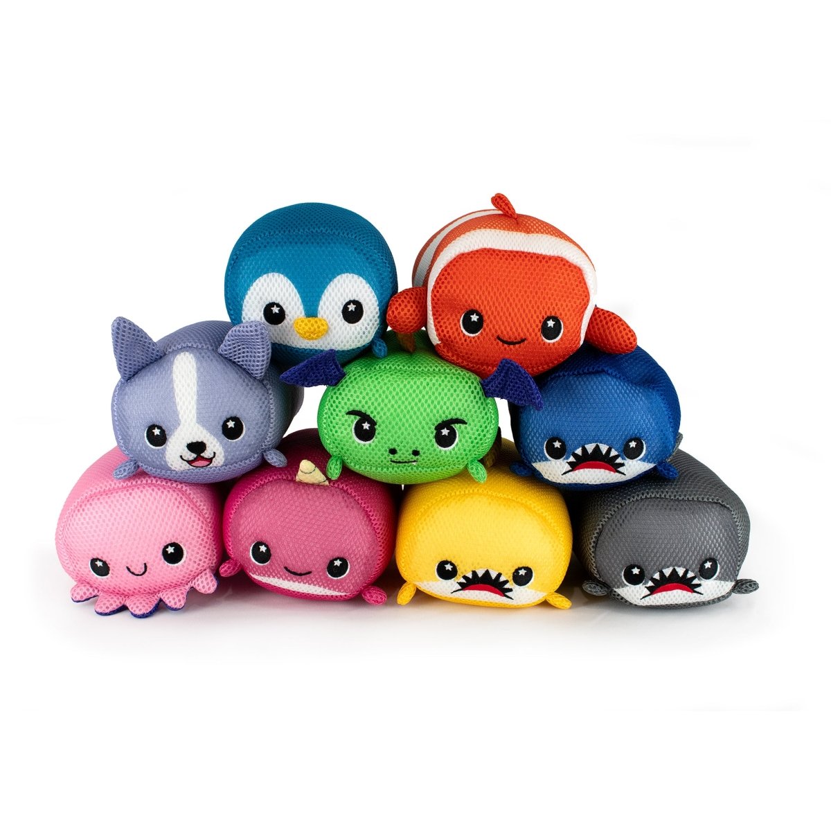 Nine colorful, round Aqua Moosh-Moosh Crush plush toys shaped like a penguin, clownfish, cat, octopus, frog, and two sharks are stacked in a pyramid on a white background.