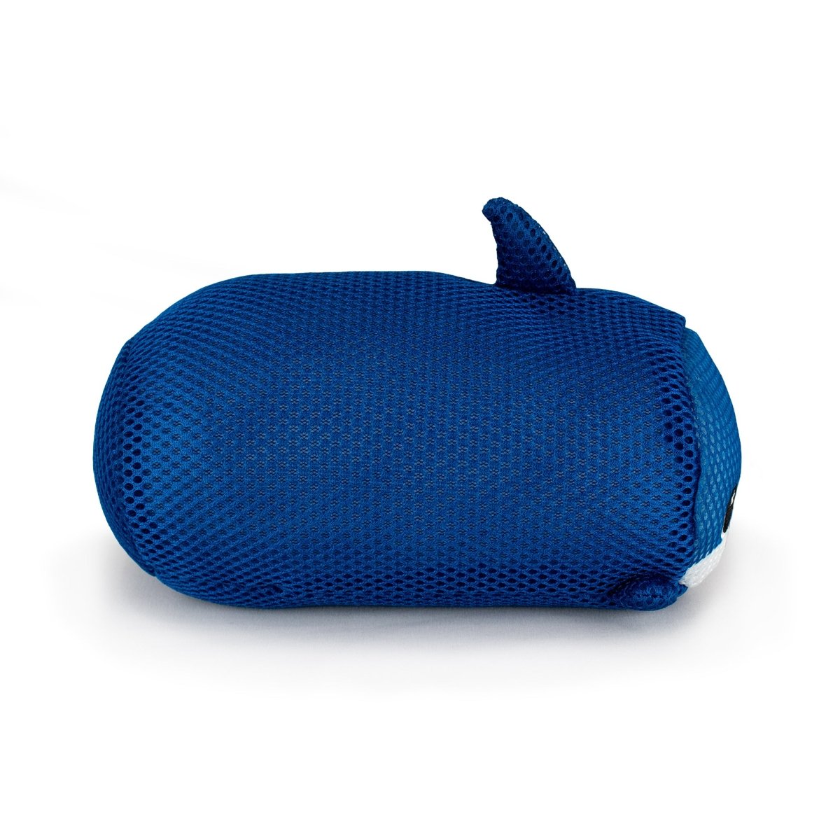 The Aqua Moosh-Moosh Azul, a blue plush toy with a mesh texture and whale shape, lies on its side against a white background. It features a small dorsal fin and a simple, rounded body.