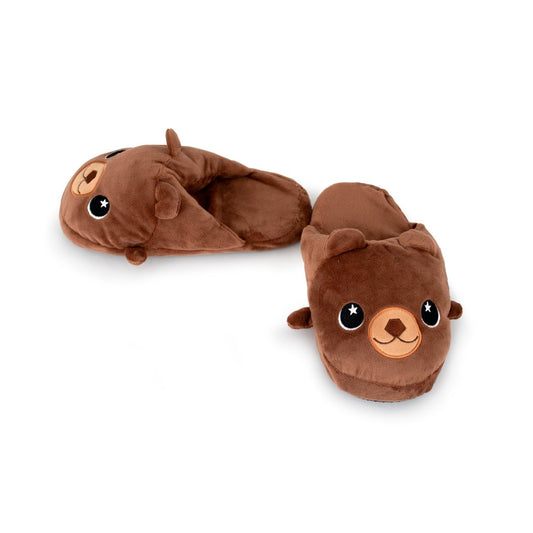 Barry the Bear Kids Slippers are brown plush house slippers featuring smiling bear faces with round eyes, small ears, and tan snouts, shown on a white background.