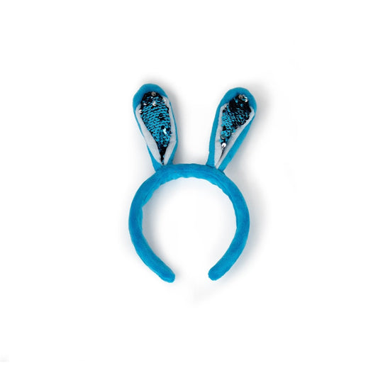 The Bunny Ears headband is blue and plush with upright bunny ears featuring shiny blue and black sequins inside, shown on a white background.