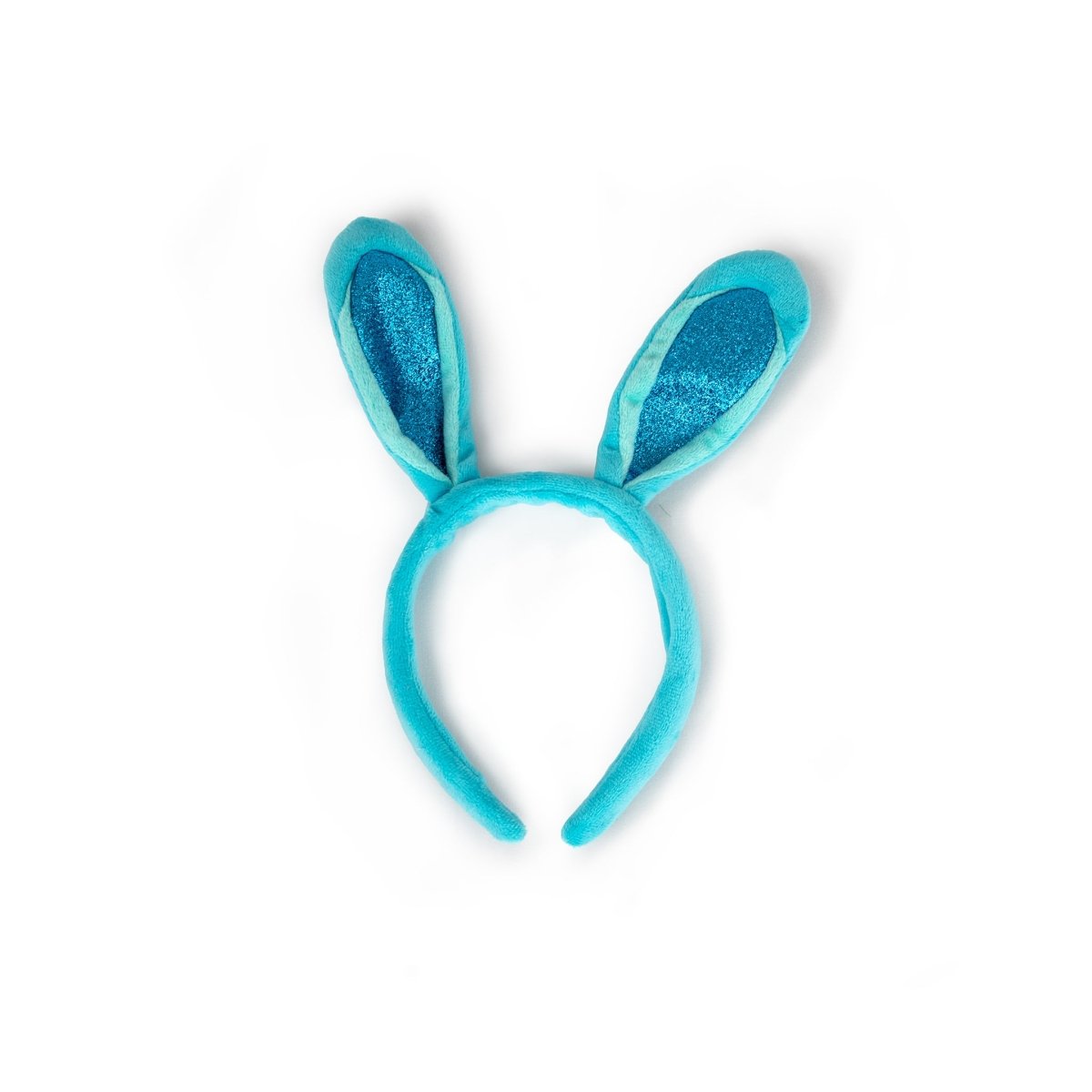 The Bunny Ears headband is blue with two upright, plush bunny ears featuring sparkly light blue inner sections, shown on a white background.