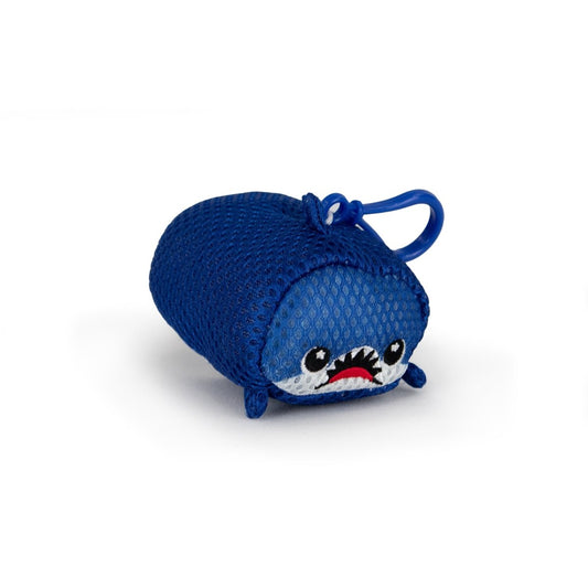 The Aqua Plush Clip-on Azul is a small, blue plush fish toy with cuddly mesh fabric, cartoon eyes, a toothy open mouth, and a blue plastic clip—ideal for quick drying in the pool or bathtub.