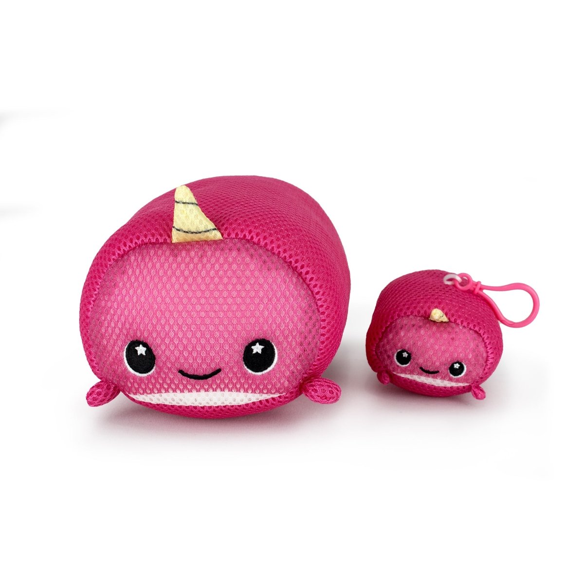 Two pink, plush, round Aqua Moosh-Moosh Bubblegum toys with smiling faces and small fins sit side by side. The larger one has a mesh covering, while the smaller has a pink clip; both feature yellow horns on their heads.