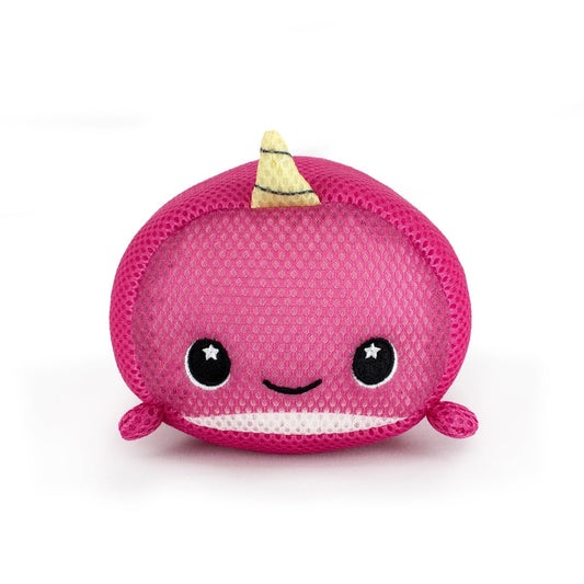 Aqua Moosh-Moosh Bubblegum is a round, pink plush toy with a mesh texture, big sparkling black eyes, a smiling mouth, tiny fins, and a small yellow horn on top that resembles a cute narwhal. The background is white.