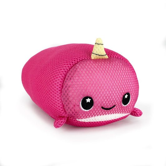 Aqua Moosh-Moosh Bubblegum is a pink mesh plush toy shaped like a narwhal, featuring a small yellow horn, black starry eyes, a smiling mouth, and tiny fins against a white background.