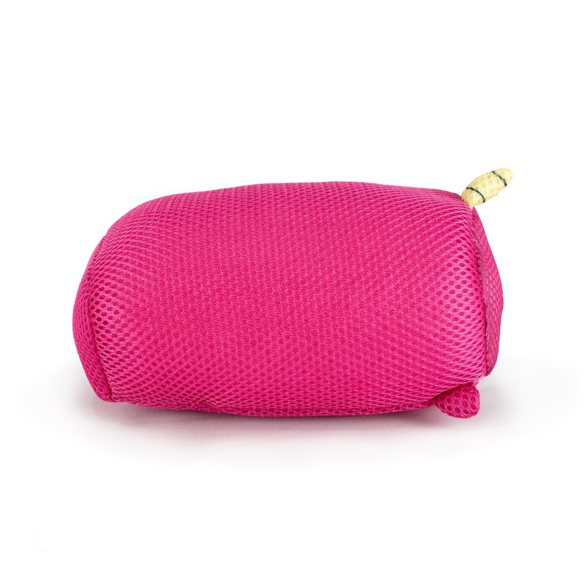 The Aqua Moosh-Moosh Bubblegum, a bright pink mesh-textured pouch with a small yellow tag at one end, is displayed horizontally on a white background.