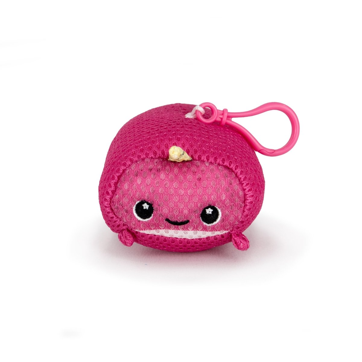 The Aqua Plush Clip-on Bubblegum is a small, round, pink plush toy with a mesh cover, smiling face, tiny arms, yellow horn on top, and a pink plastic clip—ideal for pool or bathtub fun.