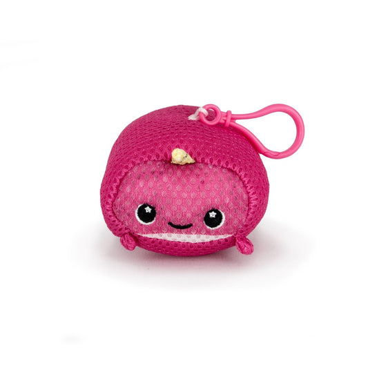 The Aqua Plush Clip-on Bubblegum is a small, round, pink plush toy with a mesh cover, smiling face, tiny arms, yellow horn on top, and a pink plastic clip—ideal for pool or bathtub fun.