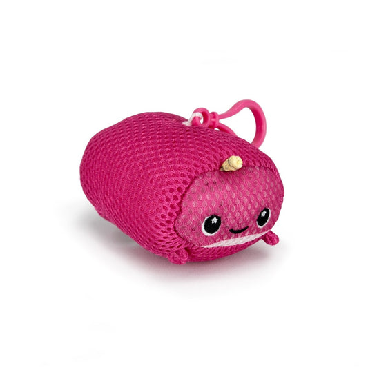 The Aqua Plush Clip-on Bubblegum is a small, pink mesh plush toy with a smiling face, black and white eyes, tiny arms and legs, and a yellow spot on its head. Water-friendly for pool or bath use, it includes a pink plastic clip for easy hanging.