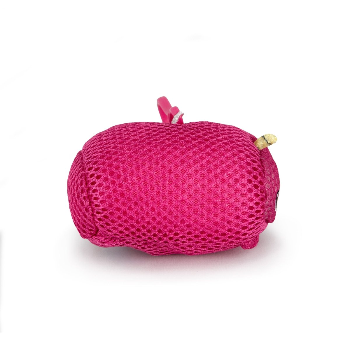 The Aqua Plush Clip-on Bubblegum is a pink, animal-shaped mesh pouch with a plush texture, a small ear, and a short tail, shown against a white background.