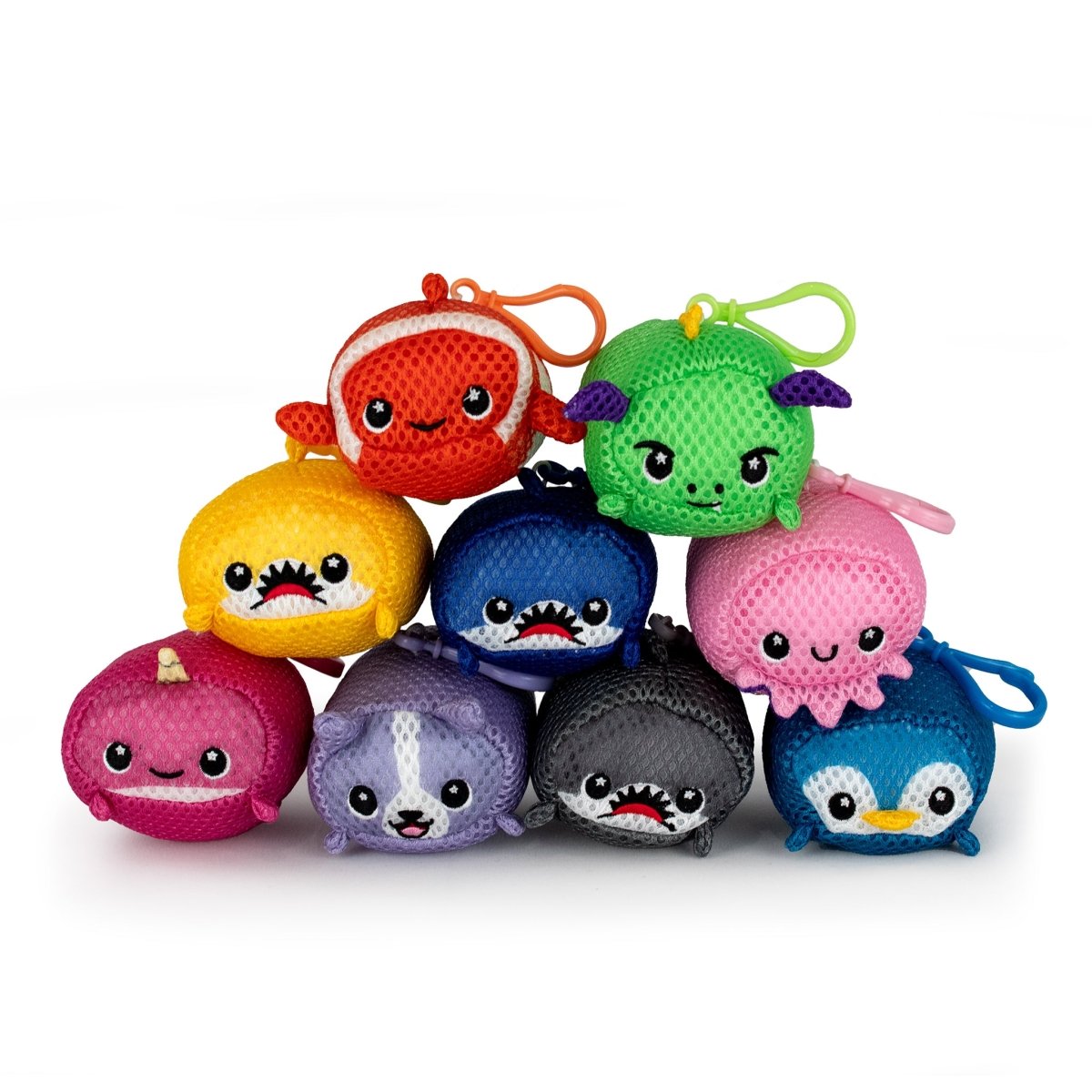 The Aqua Plush Clip-on Bubblegum is a set of nine colorful, round plush toys with cartoon faces and fins—like a shark, dragon, and unicorn—with mesh texture for quick drying after water play and a convenient hanging loop.