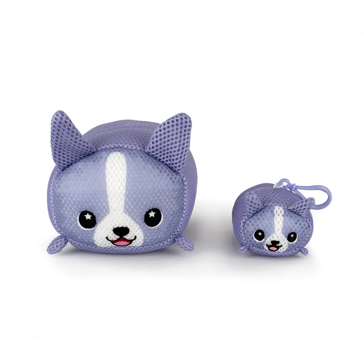 Two plush toys named Aqua Moosh-Moosh Carrie, shaped like purple cats with white faces and big ears—one large, one small—with embroidered features. The smaller toy includes a clip for easy attachment.
