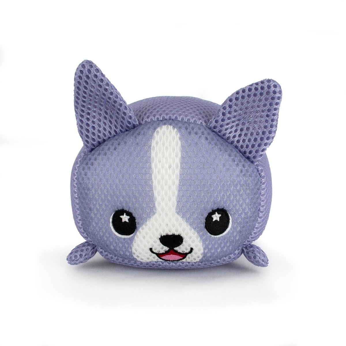 The Aqua Moosh-Moosh Carrie is a plush toy shaped like a cute dog, featuring purple fur, large upright ears, black eyes with star highlights, a white snout, and a small pink tongue on a white background.