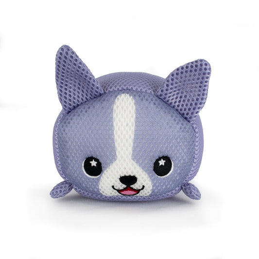 The Aqua Moosh-Moosh Carrie is a plush toy shaped like a cute dog, featuring purple fur, large upright ears, black eyes with star highlights, a white snout, and a small pink tongue on a white background.