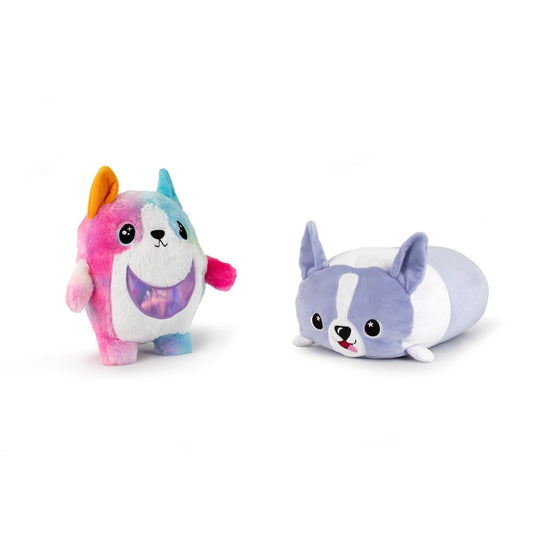 The Daisy and Corgi Monstah Pair features a colorful rainbow plush with a clear belly pouch and a chubby gray-and-white dog plush, both ultra-soft, machine washable, and pictured on a white background.