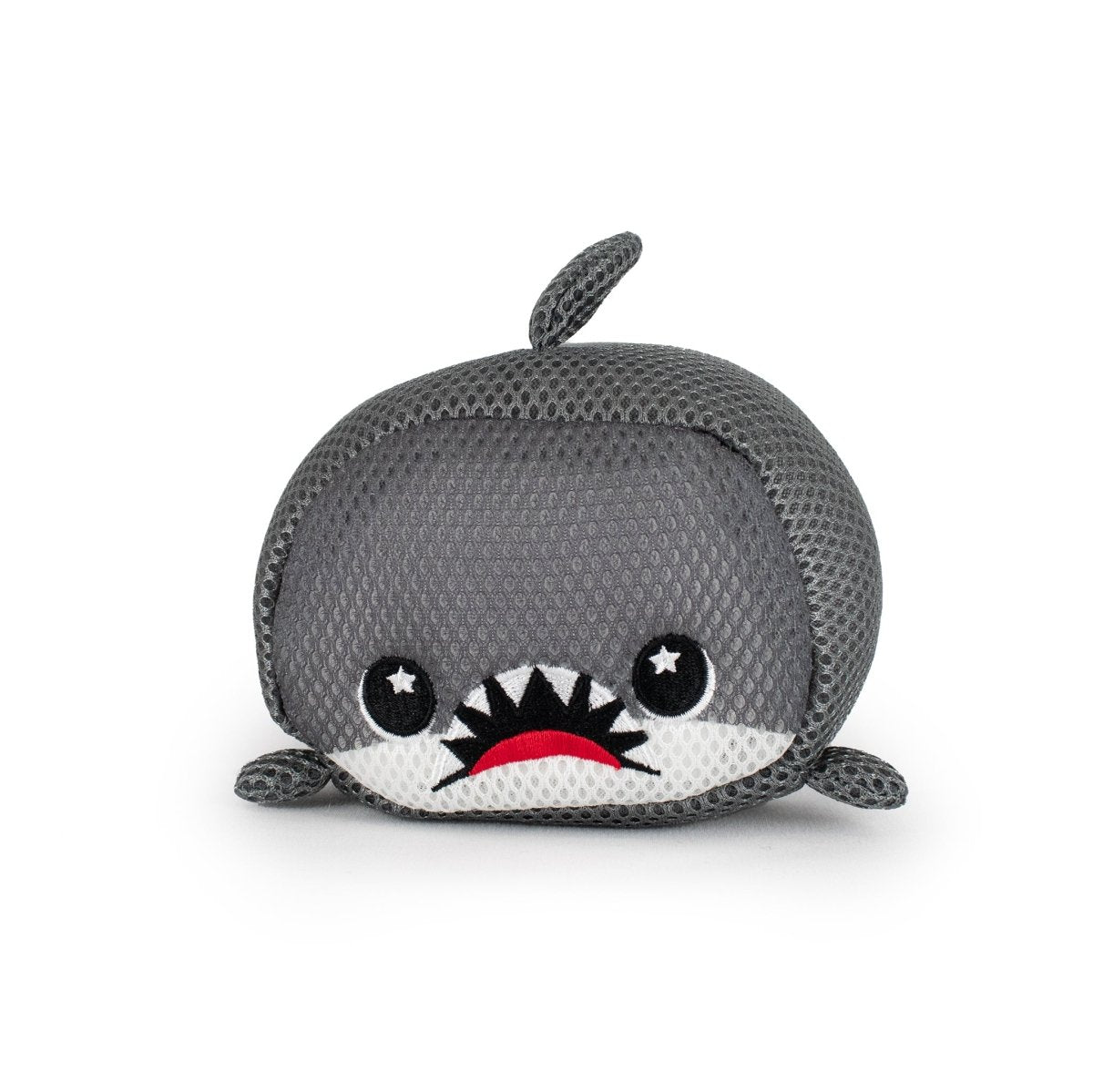 The Aqua Moosh-Moosh Crush is a round, gray plush toy shaped like a shark with mesh texture, two fins, a top tail fin, white cheeks, starry-eyed highlights, and a red open mouth displaying sharp teeth.