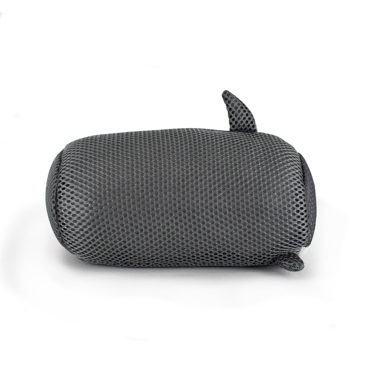 The Aqua Moosh-Moosh Crush is a gray, cylindrical mesh pillow with a small top fin and side tail fin resembling a whale, shown on a white background.