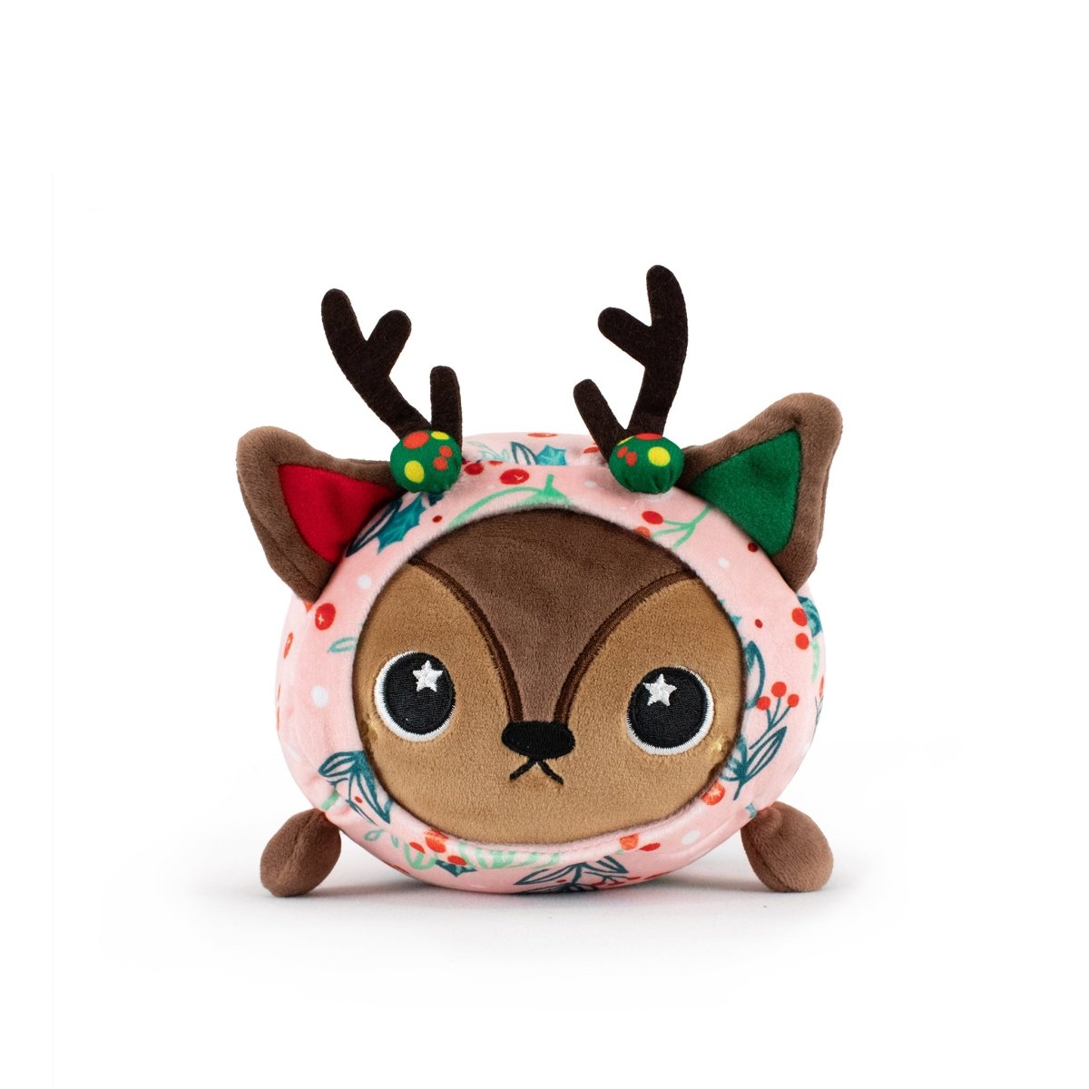 Mitzy the Reindeer Slumber is a round, plush toy with brown antlers, big black eyes, small legs, and a pink body adorned with green leaves and red berries—perfect as a holiday plush or Christmas gift.