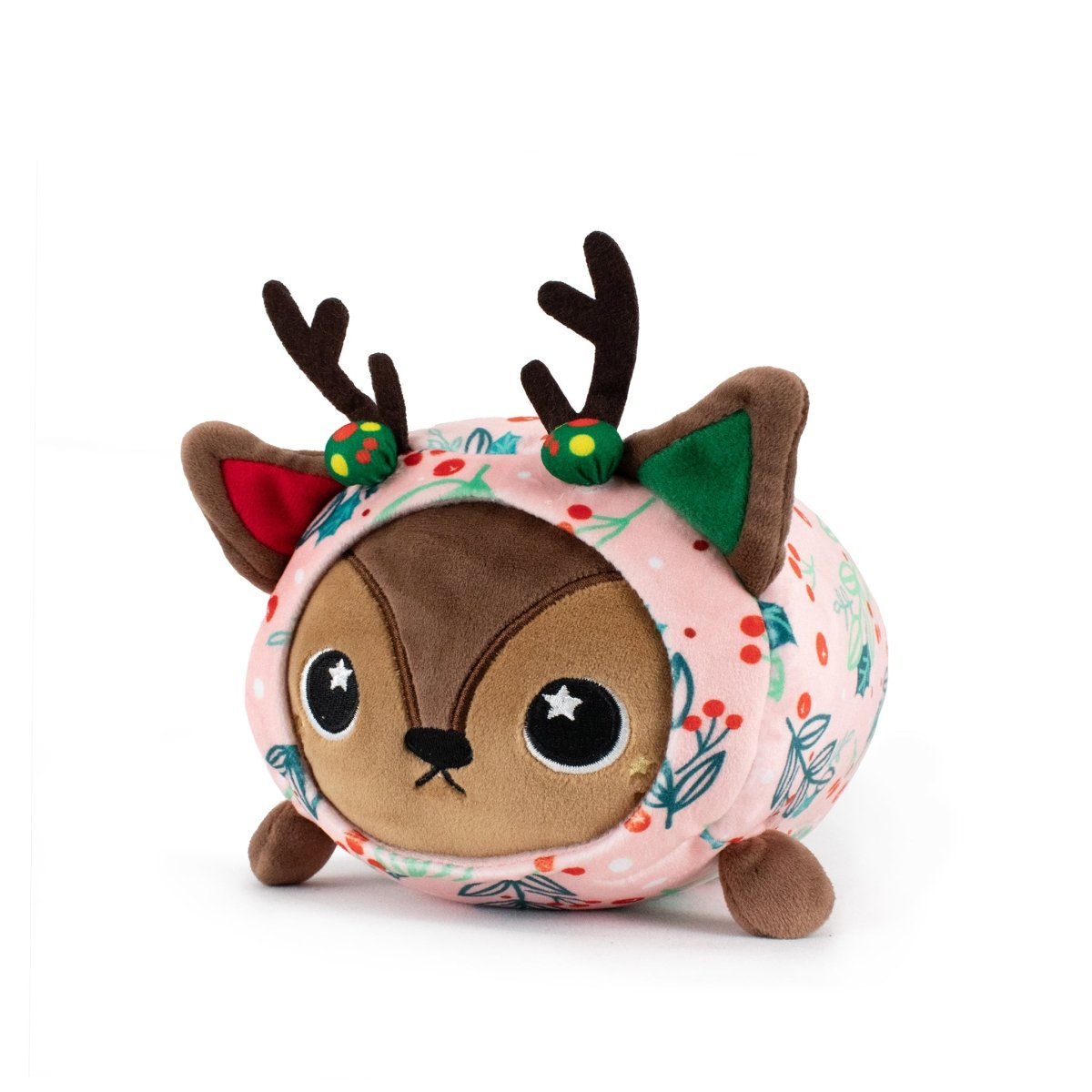 Mitzy the Reindeer Slumber is a round plush toy with big eyes, brown antlers, ears, and a pink floral-patterned covering with holly accents—ideal as a festive holiday plush or whimsical Christmas gift for loved ones.