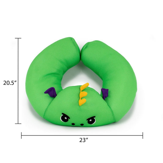 The Drac Crescent 23" Aqua Plush is a green, U-shaped children’s neck pillow with a dinosaur face, purple ears, and yellow spikes. Made of fast-drying plush fabric, it’s cuddly, water-friendly, and measures 20.5” tall by 23” wide—great for travel or pool time!.