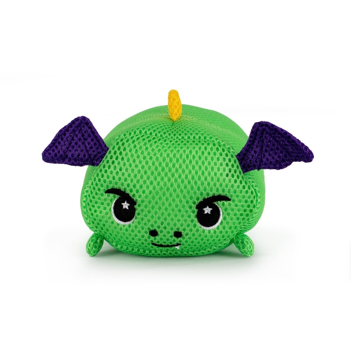 The Aqua Moosh-Moosh Drac is a plush toy shaped like a green dragon with sparkly purple wings, black eyes, a small smile, and a yellow fin on its head, shown against a white background.