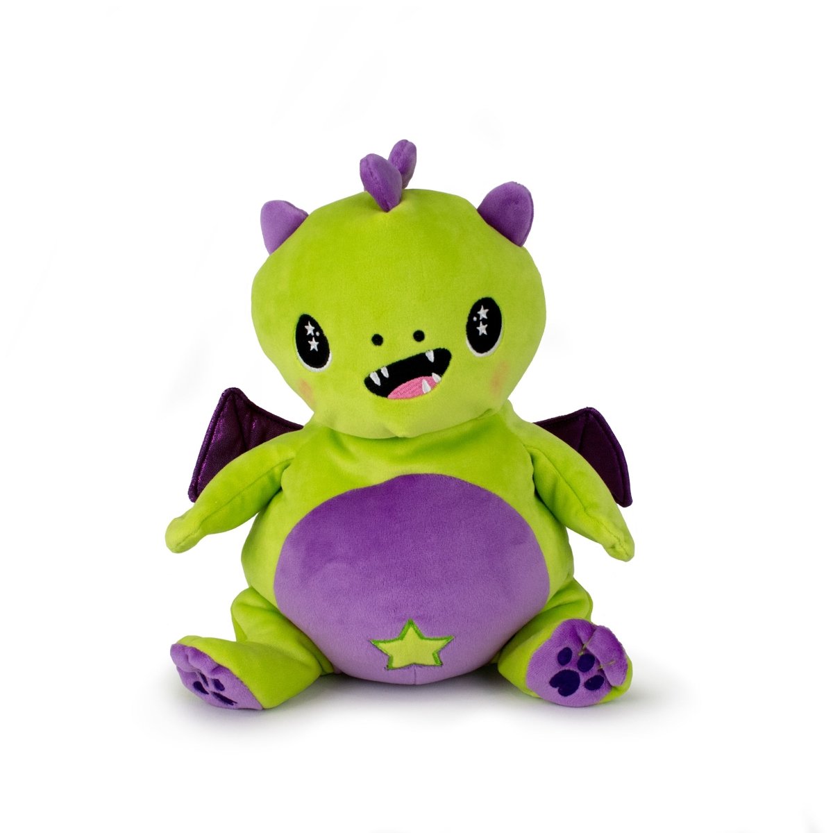 The Starlight Drac 2-in-1 Travel U-Neck Pillow is a cute, plush dragon with green and purple fur, big eyes, a smiling mouth with small teeth, purple wings and paws, plus a purple star on its belly. It sits upright like your favorite travel pillow.