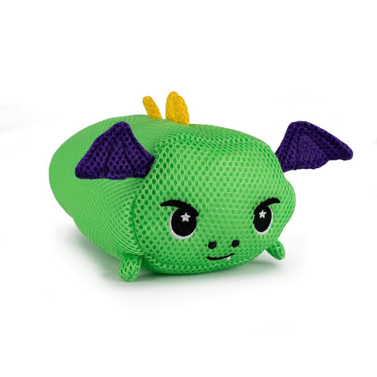 The Aqua Moosh-Moosh Drac is a green plush dragon toy with purple wings, yellow horns, big eyes, a small smile, and a mesh-textured surface. It’s shown on a white background.