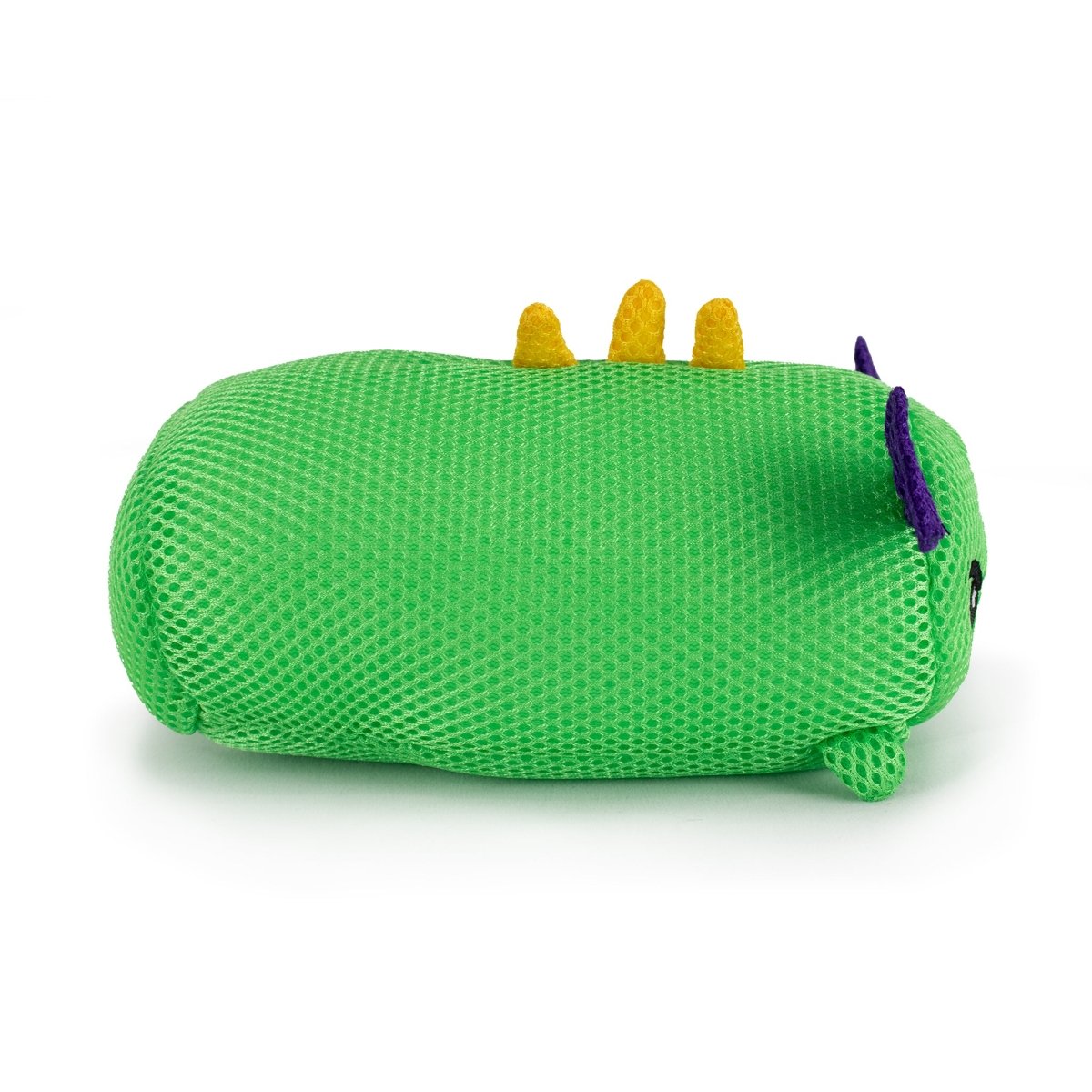 The Aqua Moosh-Moosh Drac is a green plush toy with a mesh texture, yellow back spikes, and purple ears, resembling a whimsical creature and shown lying on its side.