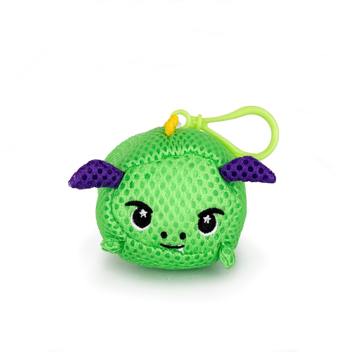 The Aqua Plush Clip-on Drac is a small, round green plush keychain with a smiling face, black eyes, purple ears, and a yellow loop—made from water-friendly material for pool or bath use—great for attaching to bags or keys.