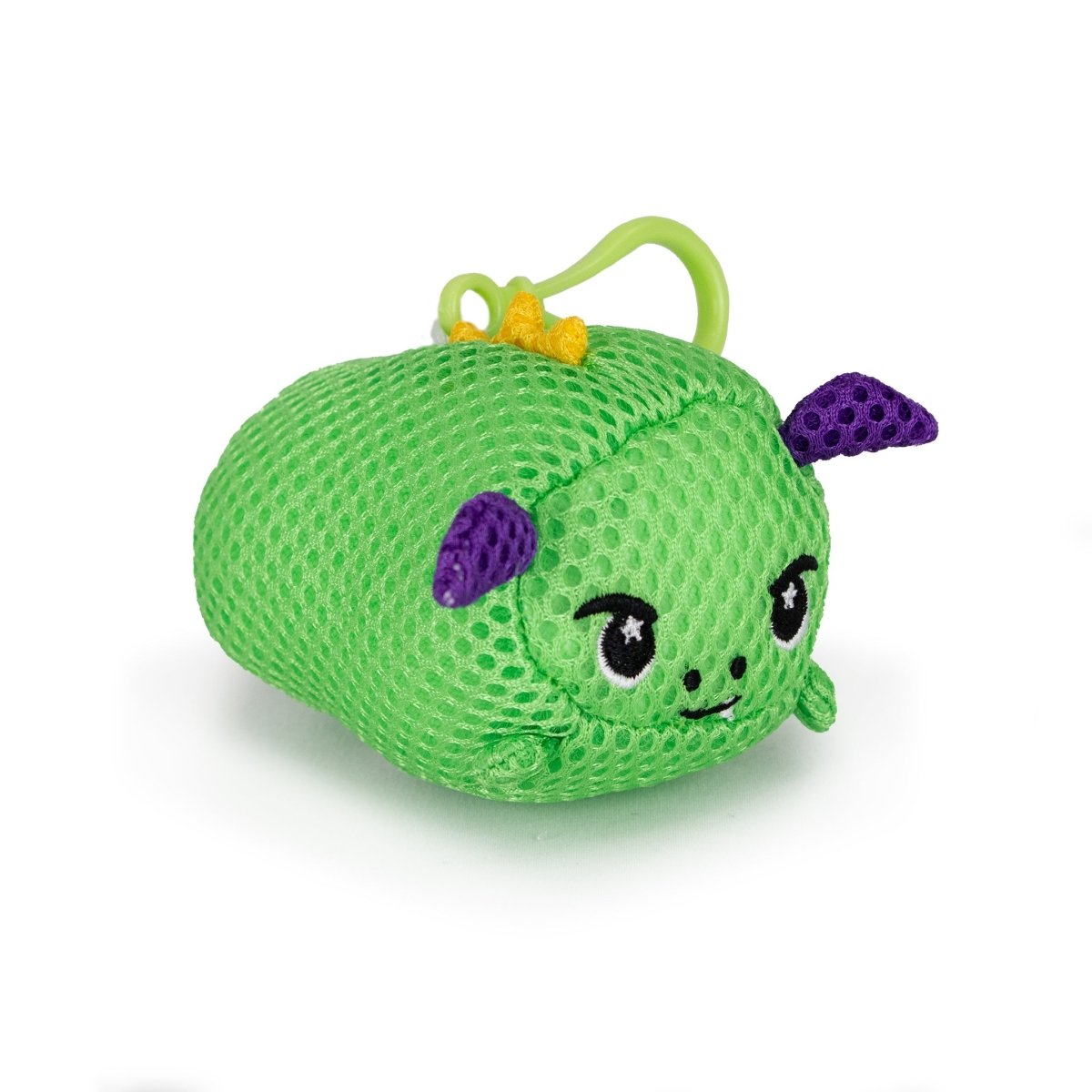 The Aqua Plush Clip-on Drac is a small, green plush toy made from fast-drying mesh with black eyes, a smiling face, purple horns, a yellow tuft, and a green loop—ideal for water-friendly bath and pool play.