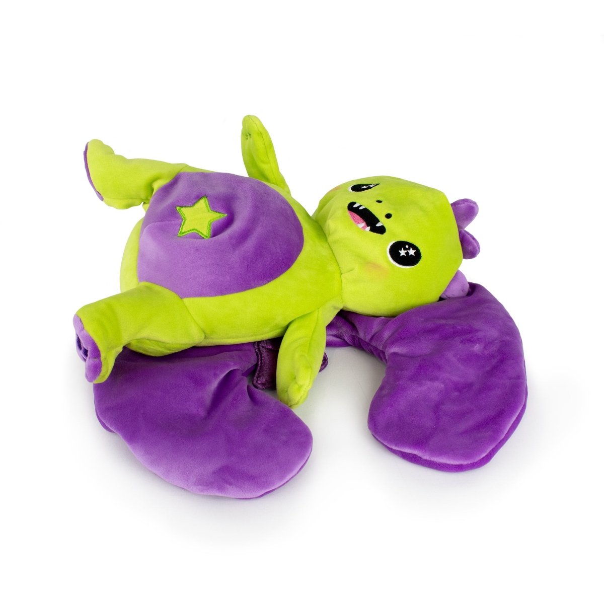 The Starlight Drac 2-in-1 Travel U-Neck Pillow, shaped like a green and purple creature with star eyes and a belly star, doubles as a comfy plush or travel pillow—shown here on a white background.