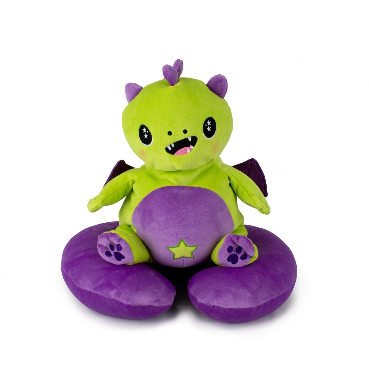 The Starlight Drac 2-in-1 Travel U-Neck Pillow is a cute green dragon with a purple belly, paws, and wings, big eyes, small horns, and tiny fangs. It sits on a purple cushion—perfect for fun and comfy travel support.