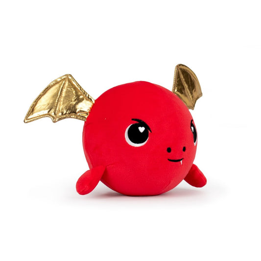 The Jumbo Plushy Skwishy Ash is a cute, whimsical round plush toy, red with black eyes and a tiny smile. It features small red arms and golden bat-like wings.