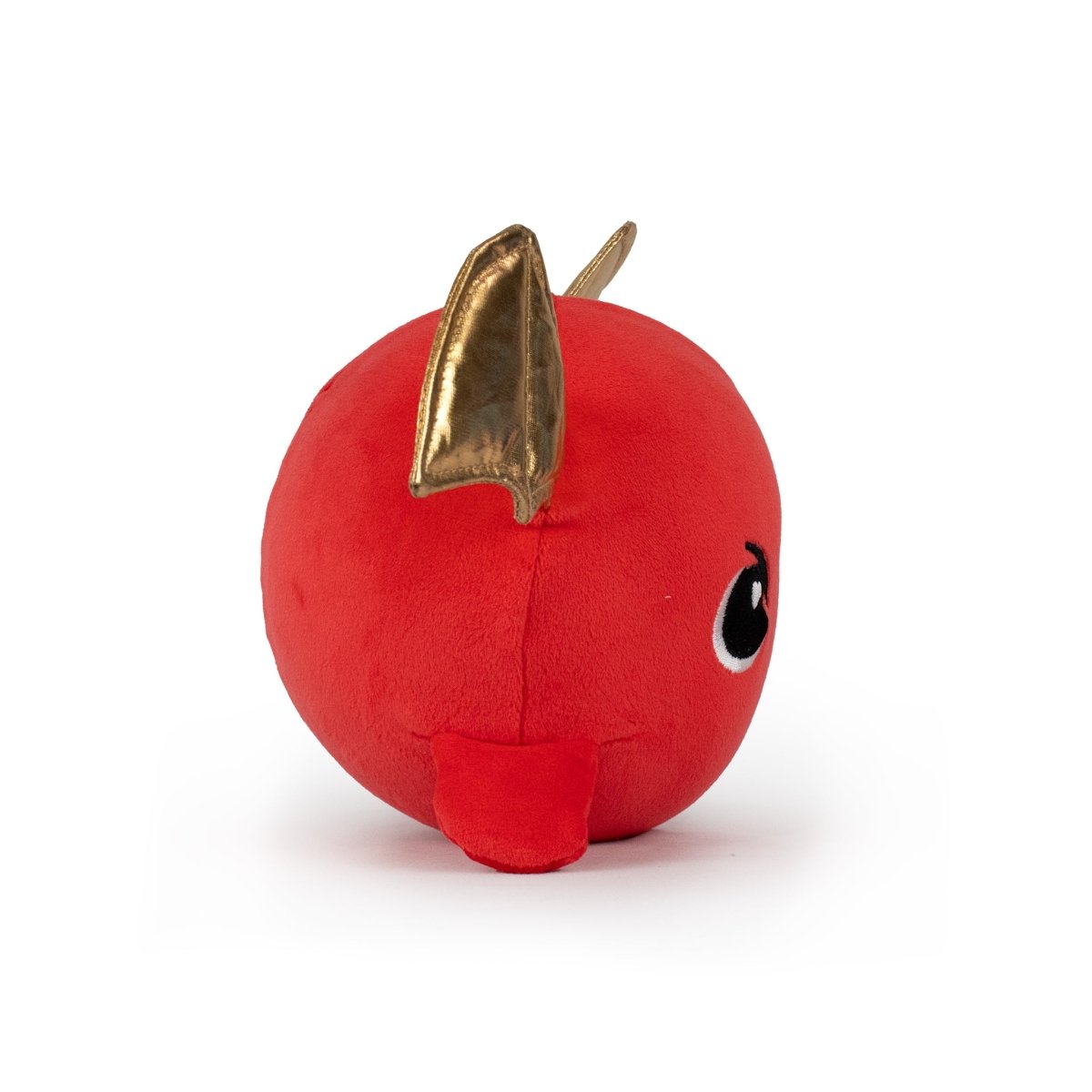 The Jumbo Plushy Skwishy Ash is a round, red plush toy resembling a fish, featuring shiny golden fins, a small tail, and large expressive eyes, all set against a plain white background.
