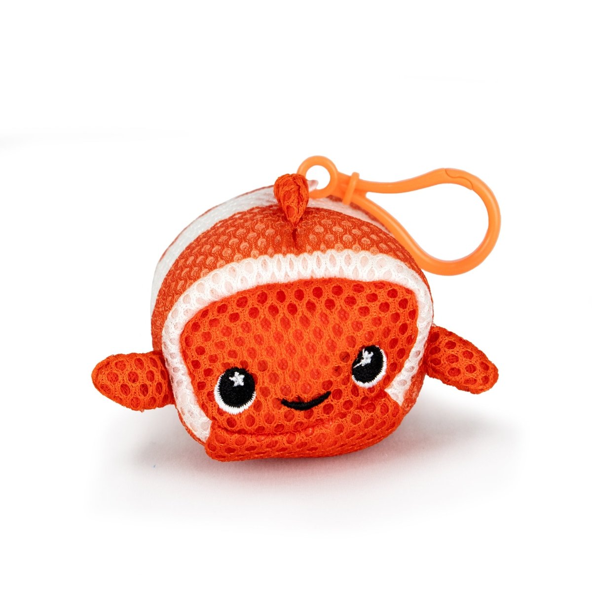 The Aqua Plush Clip-on Finster is a small, orange clownfish plush with white stripes, embroidered eyes, a smiling mouth, fast-drying fabric, and an orange plastic clip for easy hanging after pool or bath use.