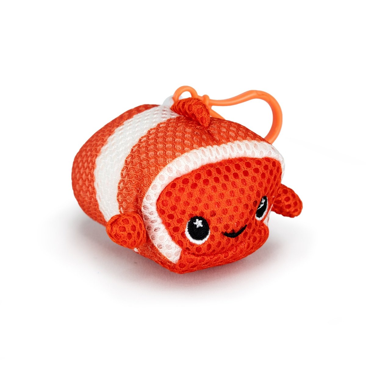 The Aqua Plush Clip-on Finster is a cute clownfish plush toy with orange and white stripes, black starry eyes, and a small smile. Made from fast-drying fabric for pool or bath use, it has a textured surface and an orange hanging loop.