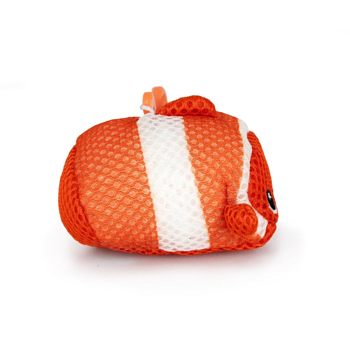 Aqua Plush Clip-on Finster is a water-friendly plush clownfish with orange and white stripes, black eyes, and mesh-textured fabric—ideal for pool or bathtub play. Shown lying on its side against a white background.