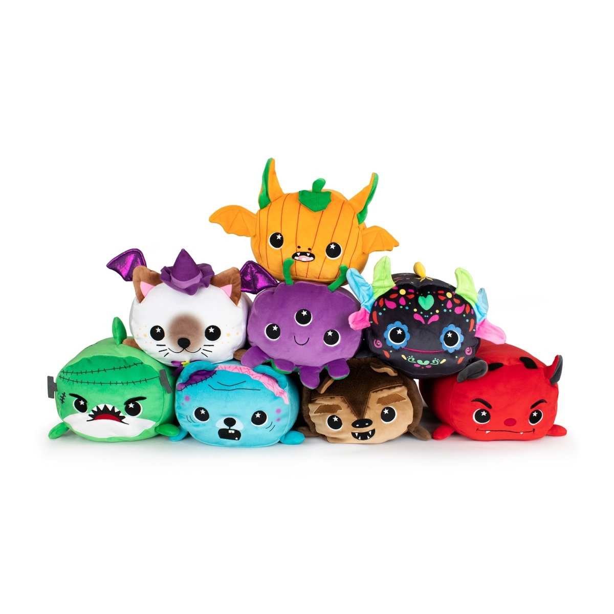 Nine colorful, round Demian the Demon plushies with cute faces are stacked in a pyramid formation against a white background.
