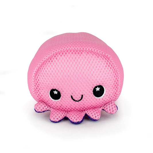 The Aqua Moosh-Moosh Handi Andi is a plush toy shaped like a pink octopus with a mesh texture, black eyes featuring white star accents, a smiling mouth, and purple-tipped tentacles, set against a white background.