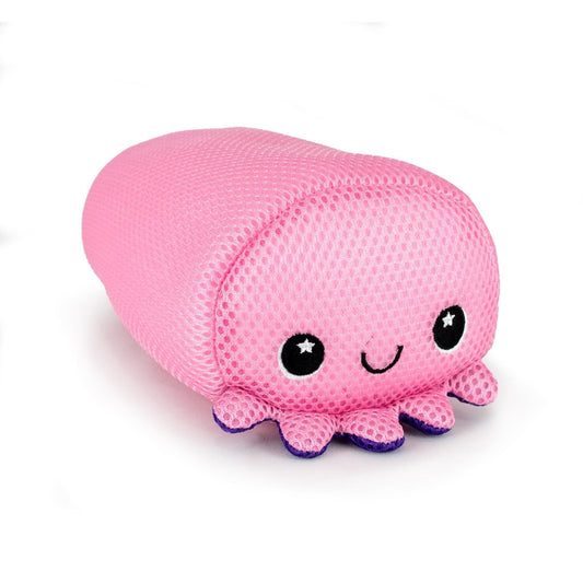 Aqua Moosh-Moosh Handi Andi is a plush pink octopus toy featuring a mesh texture, big cartoon eyes, a smiling face, and purple-tipped tentacles.